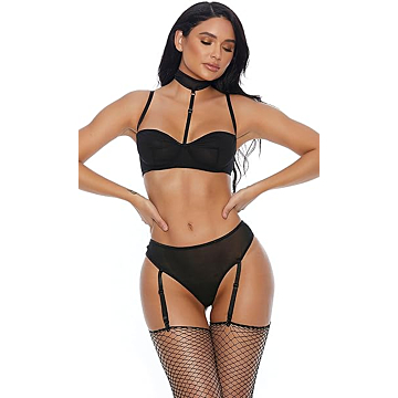 Right Sheer Right Now Bra and Panty with Garter Straps - Black