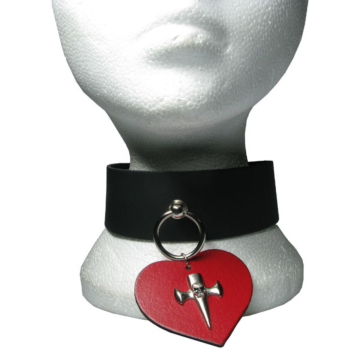 HANDMADE-CHOKER CROSS ON LEATHER HEART ATTACHED WITH METAL RING 